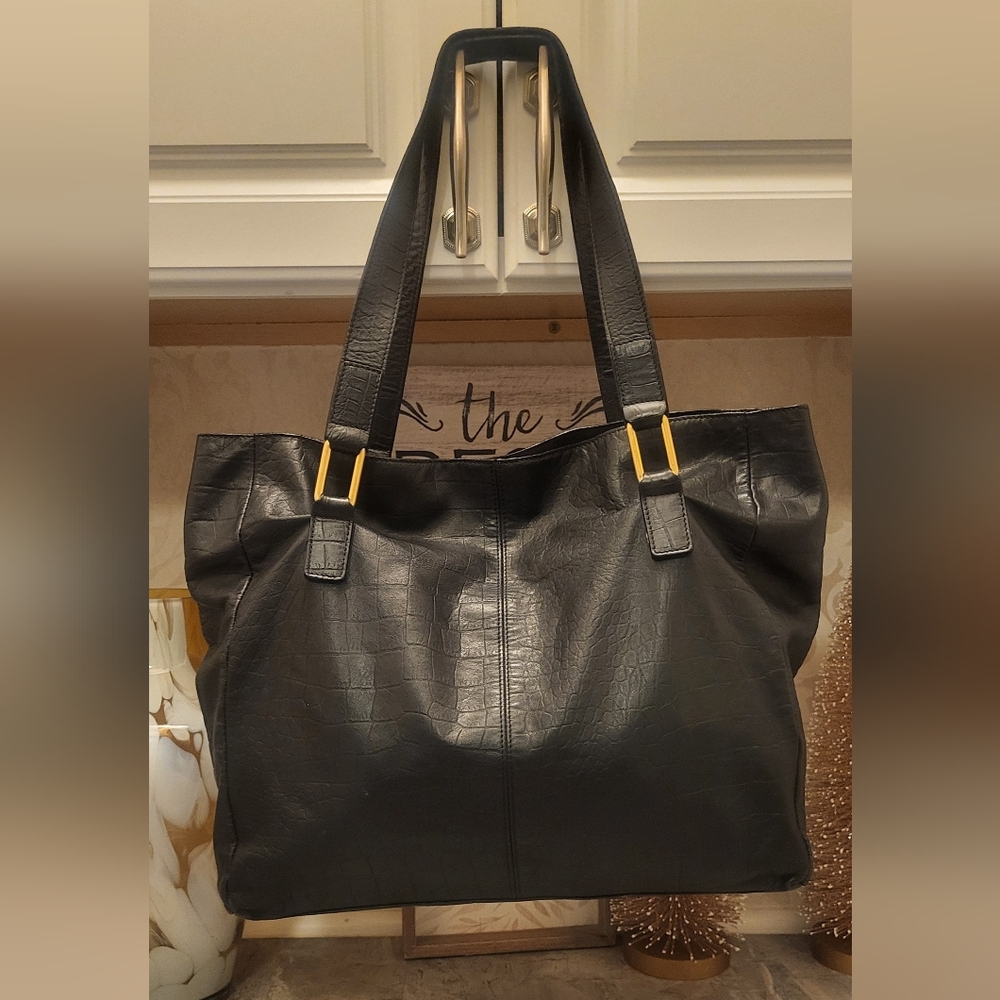 Leather Black Satchels Tote Bag with Gold Accents